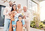 Portrait, house and family with happiness, quality time and love outdoor, cheerful or joyful. Face, grandparents or mother with father, siblings or children with home, care or bonding with investment