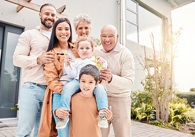 Buy stock photo Portrait, house and family with happiness, quality time and love outdoor, cheerful or joyful. Face, grandparents or mother with father, siblings or children with home, care or bonding with investment