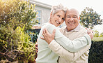 Happy, love and hug with portrait of old couple for bonding, support and retirement. Smile, affectionate and embrace with senior man and woman in backyard of home for proud, confidence and marriage