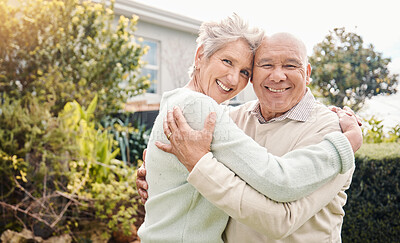 Buy stock photo Happy, love and hug with portrait of old couple for bonding, support and retirement. Smile, affectionate and embrace with senior man and woman in backyard of home for proud, confidence and marriage