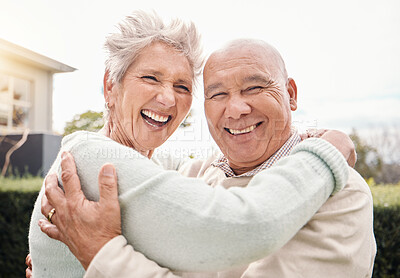Buy stock photo Portrait, love and senior coupe hug, outdoor and happiness for relationship, romance and anniversary. Face, happy mature man and old woman embrace, outside and romantic with smile, loving and bonding