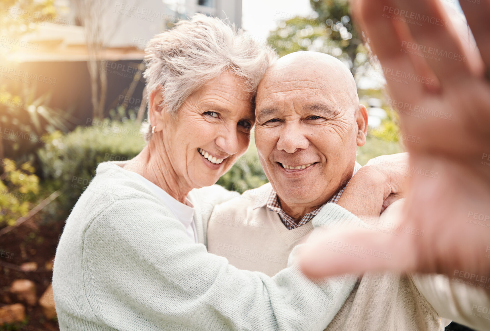 Buy stock photo Portrait, selfie smile and senior couple hug outdoors in nature, bonding and laughing. Photographer, retirement and elderly man and woman taking pictures for social media, happy memory and love.