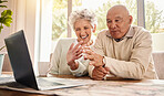 Laptop, video call and senior couple wave, talking to contact and laughing in home. Comic, technology and smile of happy retired man and woman with computer for virtual chat or online communication.