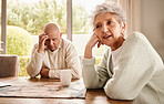 Senior couple, divorce and stress with fight, depression and breakup in living room, angry and financial crisis. Old man, mature woman or toxic relationship with anger, sad or mental health in lounge
