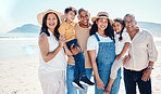 Portrait, beach and black family bonding in nature outdoor together on vacation during summer. Happy, smile or love with children, parents and grandparents on the coast or shore for a holiday