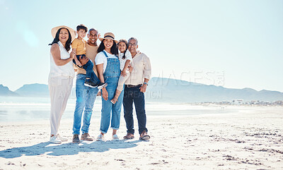 Buy stock photo Portrait of grandparents, parents and children at beach for bonding, quality time and relax together by sea. Big family, travel and happy mom and dad with kids on summer holiday, vacation and weekend