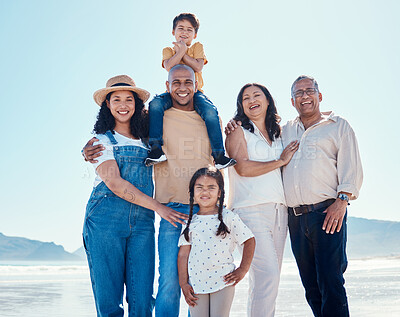Buy stock photo Portrait, beach and black family having fun outdoor in nature together on vacation during summer. Happy, smile or love with children, parents and grandparents bonding on the coast for a holiday