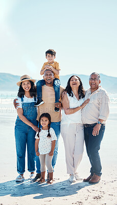 Buy stock photo Portrait, beach and black family laughing outdoor in nature together on vacation during summer. Happy, smile or love with children, parents and grandparents bonding on the coast for a holiday