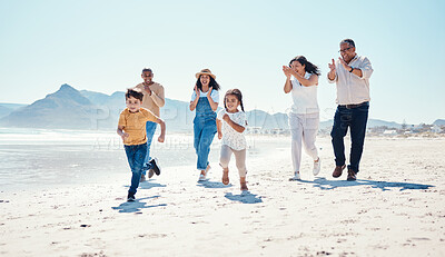 Buy stock photo Black family, beach and children running on holiday with applause, outdoor and happiness in summer. Boy, girl and parents with excited grandparents by ocean with race, speed and freedom in sunshine