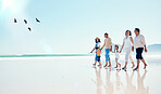 Black family, mockup or children walking on the beach with their parents and grandparents during summer vacation. Sky, love or kids with senior people and grandchildren taking a walk on the sand