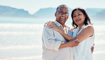 Buy stock photo Love, portrait and old couple hug on beach, embrace and romance in happy relationship and mockup. Romantic retirement vacation, senior woman and man hugging on ocean holiday travel with smile on face