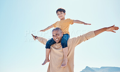 Buy stock photo Smile, blue sky and father with child on shoulder for bonding, quality time and relaxing on weekend. Family, beach and happy dad flying with boy on summer holiday, vacation and adventure together