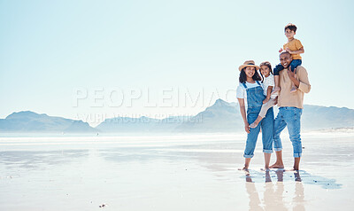 Buy stock photo Portrait of mother, father and children at beach for bonding, quality time and relaxing on weekend. Travel mockup, family and happy parents smile with kids on summer holiday, vacation and adventure