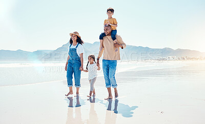 Buy stock photo Love, family and walking on beach, summer vacation and quality time on break, relax and happiness. Mother, father and children on seaside holiday, mockup and smile with joy, adventure and journey