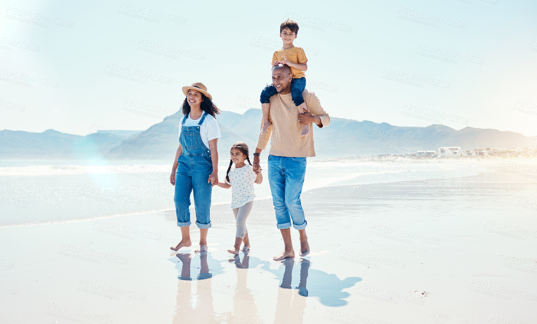 Buy stock photo Love, family and walking on beach, summer vacation and quality time on break, relax and happiness. Mother, father and children on seaside holiday, mockup and smile with joy, adventure and journey