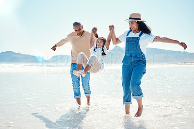 Buy stock photo Mother, father and girl play on beach for bonding, quality time and summer adventure together in water. Travel, freedom and happy mom, dad and child enjoy holiday, vacation and relax on weekend