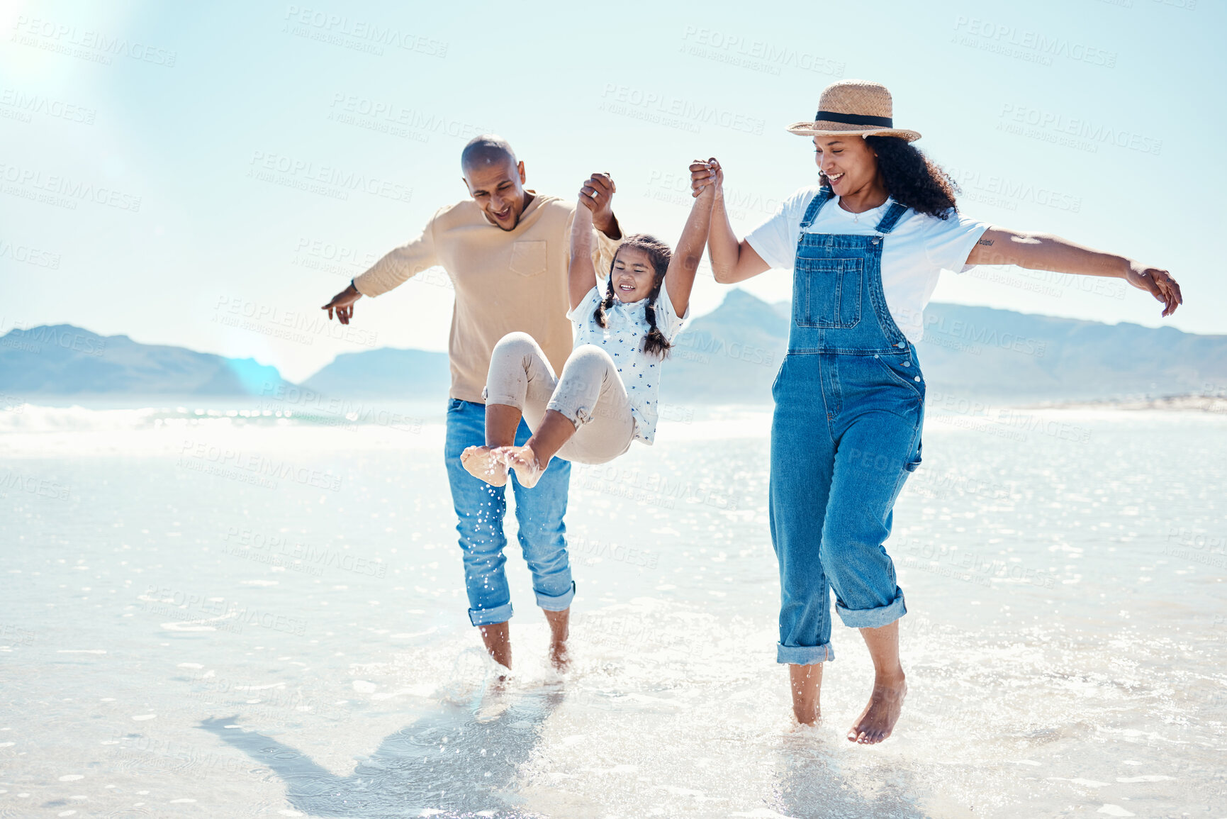 Buy stock photo Mother, father and girl play on beach for bonding, quality time and summer adventure together in water. Travel, freedom and happy mom, dad and child enjoy holiday, vacation and relax on weekend