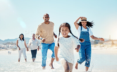 Buy stock photo Family, beach and parents running with girl in water for bonding, quality time and adventure together. Travel, happy and mom, dad and grandparents with child enjoy summer holiday, vacation and relax