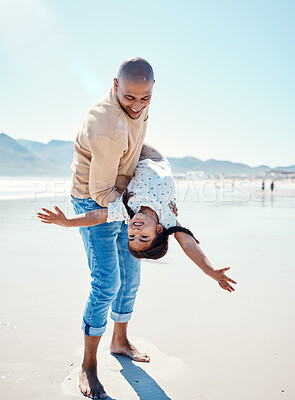 Buy stock photo Family, beach and father carry girl playing by ocean for bonding, quality time and relaxing on weekend. Love, nature and happy dad holding child on summer holiday, vacation and adventure together