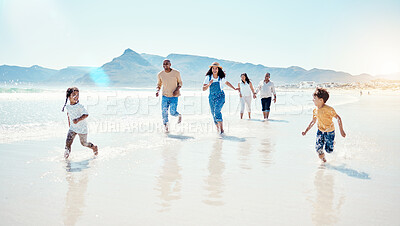 Buy stock photo Family, beach and parents play with children for bonding, quality time and adventure by sea. Travel, running and happy mother, father and kids with grandparents on summer holiday, vacation and relax