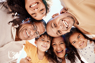 Buy stock photo Happy, huddle and portrait of a family in nature for bonding, fun and playing in nature together. Love, support and parents, grandparents and children hugging for vacation, play and solidarity