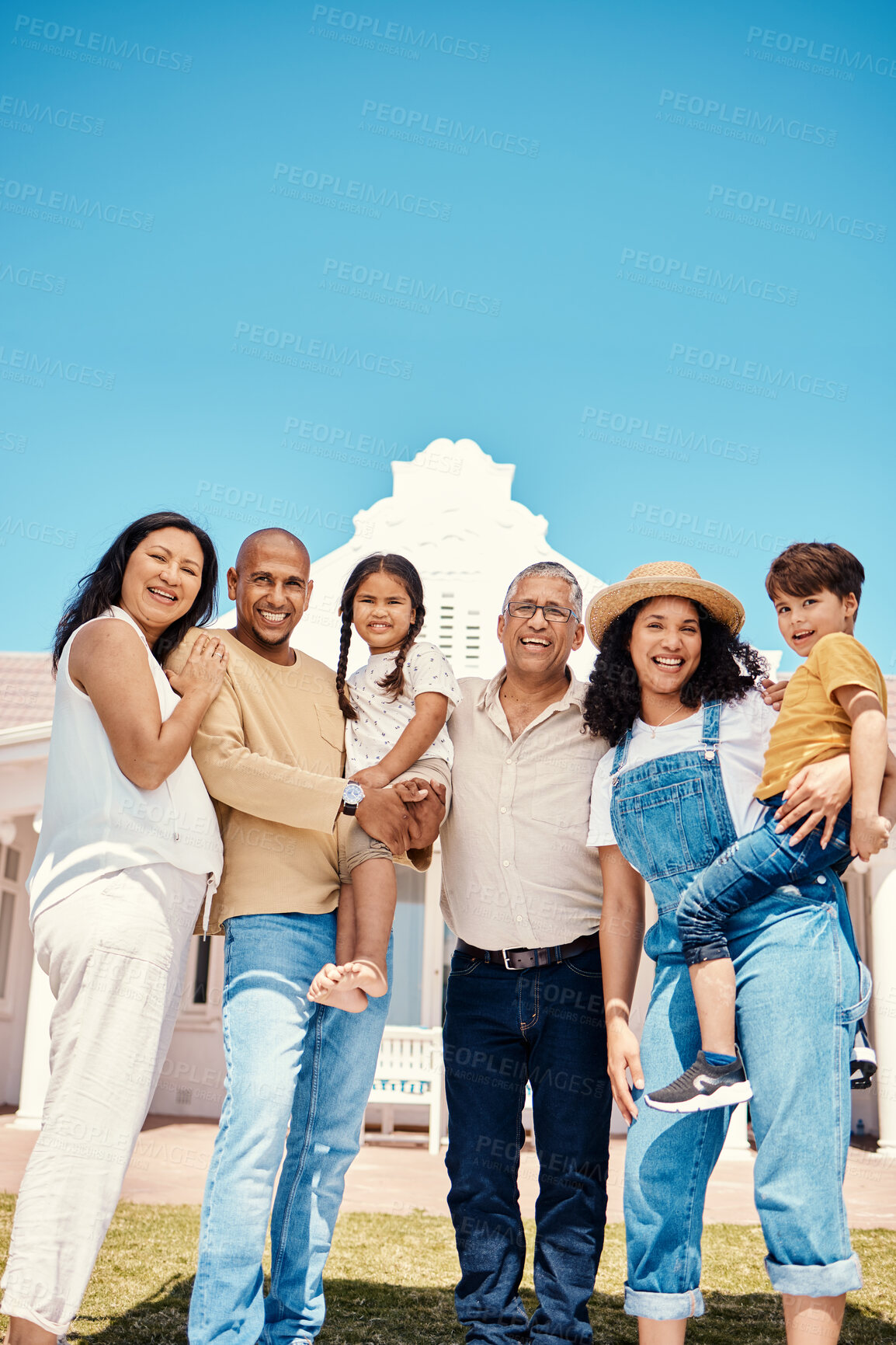 Buy stock photo Portrait, family and parents with grandparents or grandkids bonding while standing outside in a garden of a home. Kids, love or summer and grandchildren in the backyard with senior relatives