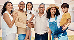 Portrait, family or children with parents, grandparents and grandkids standing outside in the garden of a home. Kids, love or summer and grandkids in the backyard with their senior relatives