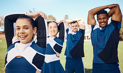 Buy stock photo Cheerleader training or portrait of team stretching on a outdoor stadium field for fitness exercise. Cheerleading group, sports workout or happy people game ready for cheering, match or campus event 