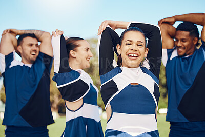 Buy stock photo Cheerleader training or people in team stretching on a outdoor stadium field for fitness exercise. Funny cheerleading group, sports portrait or happy students game ready for cheering, match or event 
