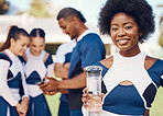 Cheerleader, portrait or black woman drinking water in cheerleading in training or exercise workout. Happy smile, fitness or face of healthy girl athlete with liquid for hydration on field in game