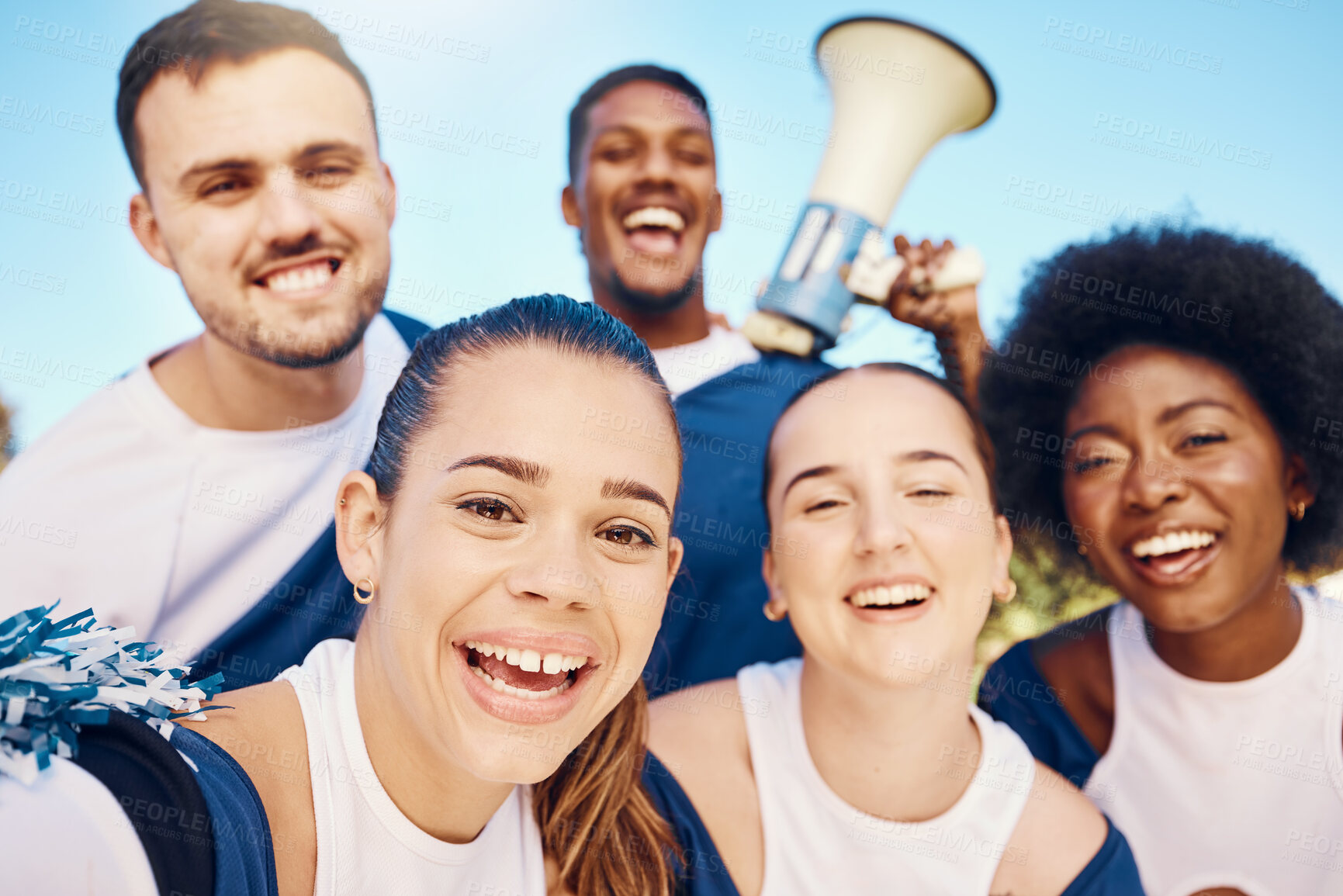 Buy stock photo Cheerleader selfie, sports portrait or happy people cheerleading with support, hope or faith in game. Team spirit, fitness or group of excited cheerleaders with pride, goals or solidarity together 