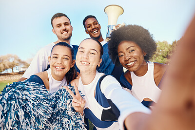 Buy stock photo Selfie, team and cheerleader friends outdoor, sports and smile with victory, netball and excited together. Portrait, men and women outside, happiness and training for competition or uniform on field