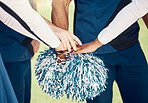 Cheerleader, sports motivation or hands in huddle with support, hope or faith on field in game. Team spirit, cheerleading or zoom of cheerleaders with pride, goals or solidarity together with pompom