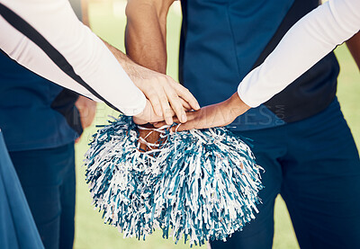 Buy stock photo Cheerleader, sports motivation or hands in huddle with support, hope or faith on field in game. Team spirit, cheerleading or zoom of cheerleaders with pride, goals or solidarity together with pompom
