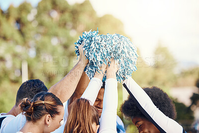 Buy stock photo Cheerleaders, sports motivation or people in huddle with support, hope or faith on field in game together. Team spirit, fitness or group of cheerleading young athlete with pride, goals or solidarity