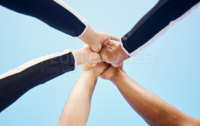 Buy stock photo Cheerleaders, sports motivation or hands in huddle with support, hope or faith on field in game. Team spirit, blue sky or cheerleading group with inspiration, goals mission or solidarity together 