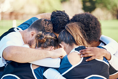 Buy stock photo Cheerleaders, sports teamwork or people in huddle with support, hope or faith on field in game together. Mission, strategy or group of cheerleading young athlete with motivation, goals or solidarity