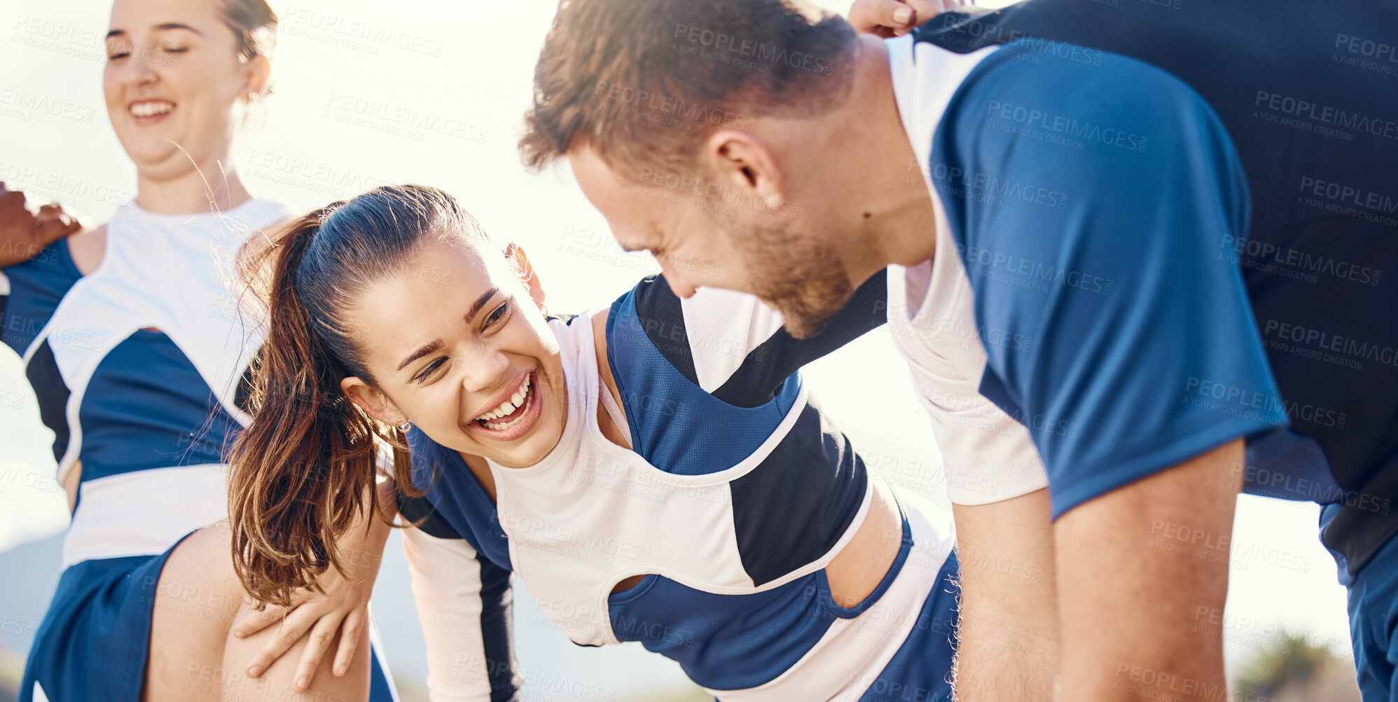 Buy stock photo Cheerleader, funny or people in cheerleading team talking, bonding or laughing while relaxing on field. Community, sports friends or group of happy cheerleaders with support or solidarity together 