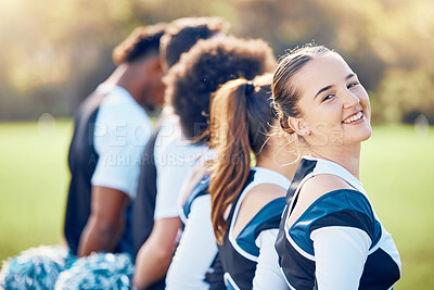 Buy stock photo Cheerleader portrait, start or girl cheerleading in huddle with support, hope or faith on field in line. Team spirit, smile or happy cheerleading sports group with pride, goals or solidarity together