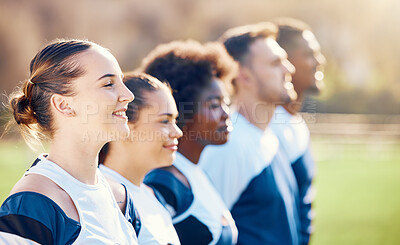 Buy stock photo Cheerleaders, sports line or people cheerleading with support, hope or faith on field in match game. Team spirit, blurry or happy young group of athletes with pride or solidarity standing together