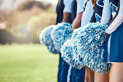 Buy stock photo Cheerleader fitness, training and students in cheerleading uniform on a outdoor field. Athlete group back, college sport collaboration and game cheer prep ready for cheering, stunts and pompoms