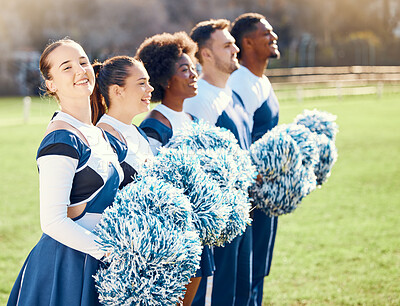 Buy stock photo Cheerleader portrait, sports line or people cheerleading with support, hope or faith on field in match game. Team spirit, blurry or happy group of athletes with pride or solidarity standing together