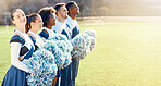 Cheerleader, stadium field or people cheerleading in huddle with support, hope or faith in game or line. Mock up, sports or group of cheerleaders with pride, motivation or team solidarity together 