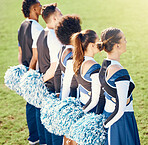 Cheerleader exercise, line and students in cheerleading uniform on outdoor field. Athlete group, college sport collaboration and game cheer prep ready for cheering exercise, stunts and team training