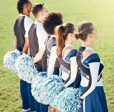 Buy stock photo Cheerleader exercise, line and students in cheerleading uniform on outdoor field. Athlete group, college sport collaboration and game cheer prep ready for cheering exercise, stunts and team training