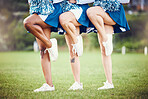 Cheerleader legs, teen girl team outdoor and athlete group with fitness, uniform and diversity with pose. Exercise, competition and school event, collaboration and balance, young female with sports