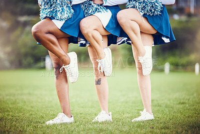 Buy stock photo Cheerleader legs, teen girl team outdoor and athlete group with fitness, uniform and diversity with pose. Exercise, competition and school event, collaboration and balance, young female with sports