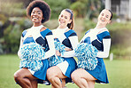 Cheerleader group portrait, field and women together for teamwork, sports and motivation in sunshine. Girl, team and fitness with diversity, support and solidarity with balance, muscle and exercise