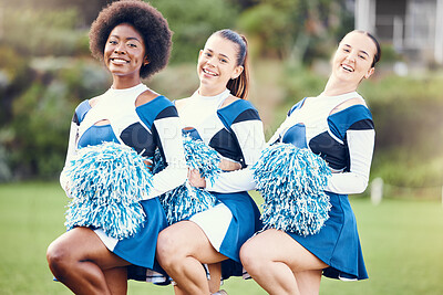 Buy stock photo Cheerleader group portrait, field and women together for teamwork, sports and motivation in sunshine. Girl, team and fitness with diversity, support and solidarity with balance, muscle and exercise