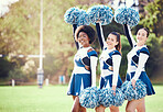 Portrait, cheerleading and mockup with sports women on a field for motivation during a competitive game. Teamwork, support and diversity with a woman cheerleader group on a pitch for a sport event
